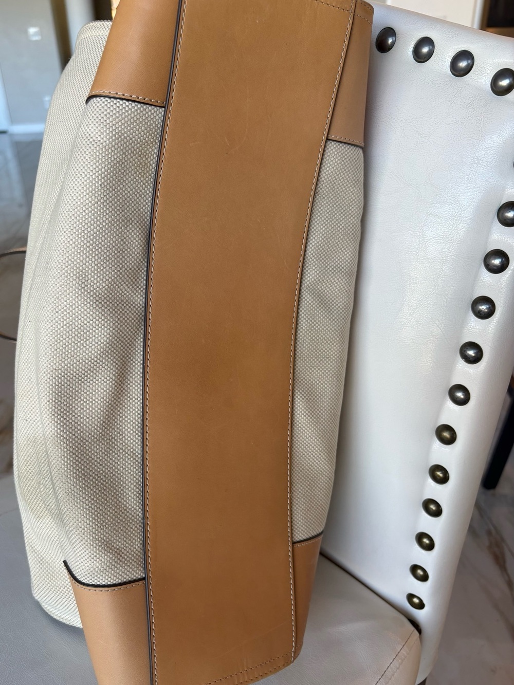 LARGE Tory Burch Ella Natural Canvas Tote with Tan Leather Trim Bag - Picture 4 of 11